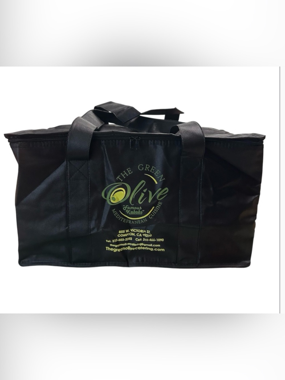 Black insulated catering bag from The Green Olive mediterranean cuisine New